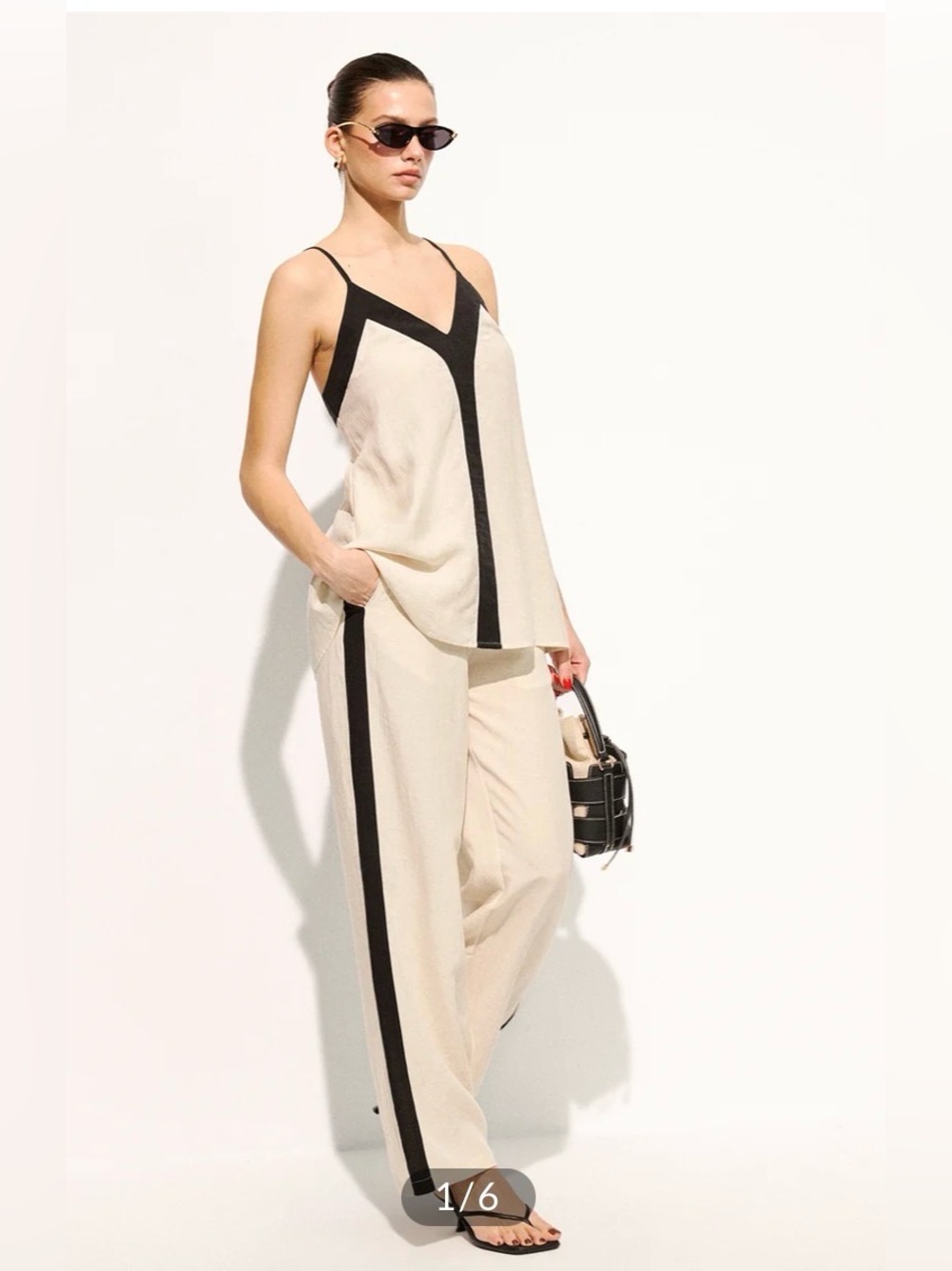 Commense Cotton LINEN Constrast Trim Cami Top & Pants Set